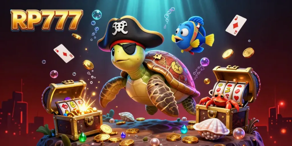 Experience adventure with RP777 in this vibrant underwater casino illustration featuring treasure and slot elements.