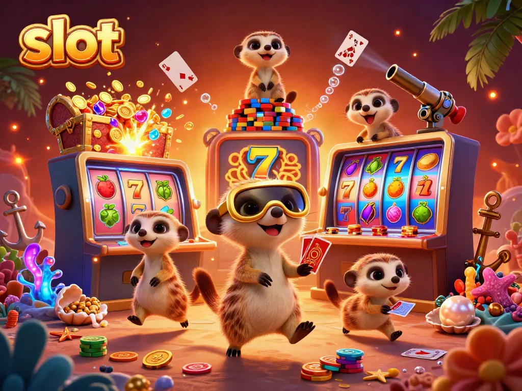 Engage in exciting slot gameplay with a lively meerkat casino scene filled with vibrant symbols and energy.
