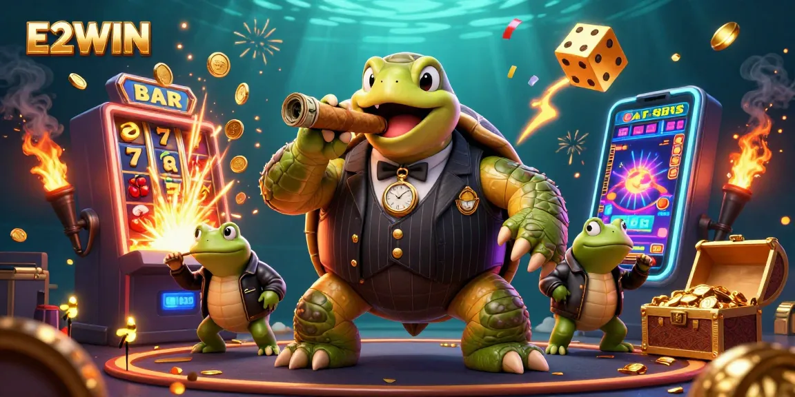 E2WIN showcases a virtual casino scene with a massive turtle in a mobster suit amidst engaging slot machines and lights.