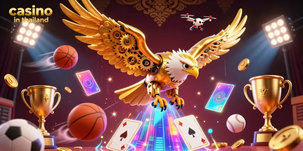 Engaging 3D illustration of the casino in Thailand, showcasing a golden eagle among sports elements and holographic cards.