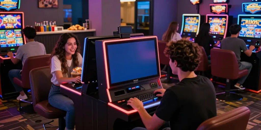 Engaging social scene with friends playing 513 Slots in a lively gaming lounge.