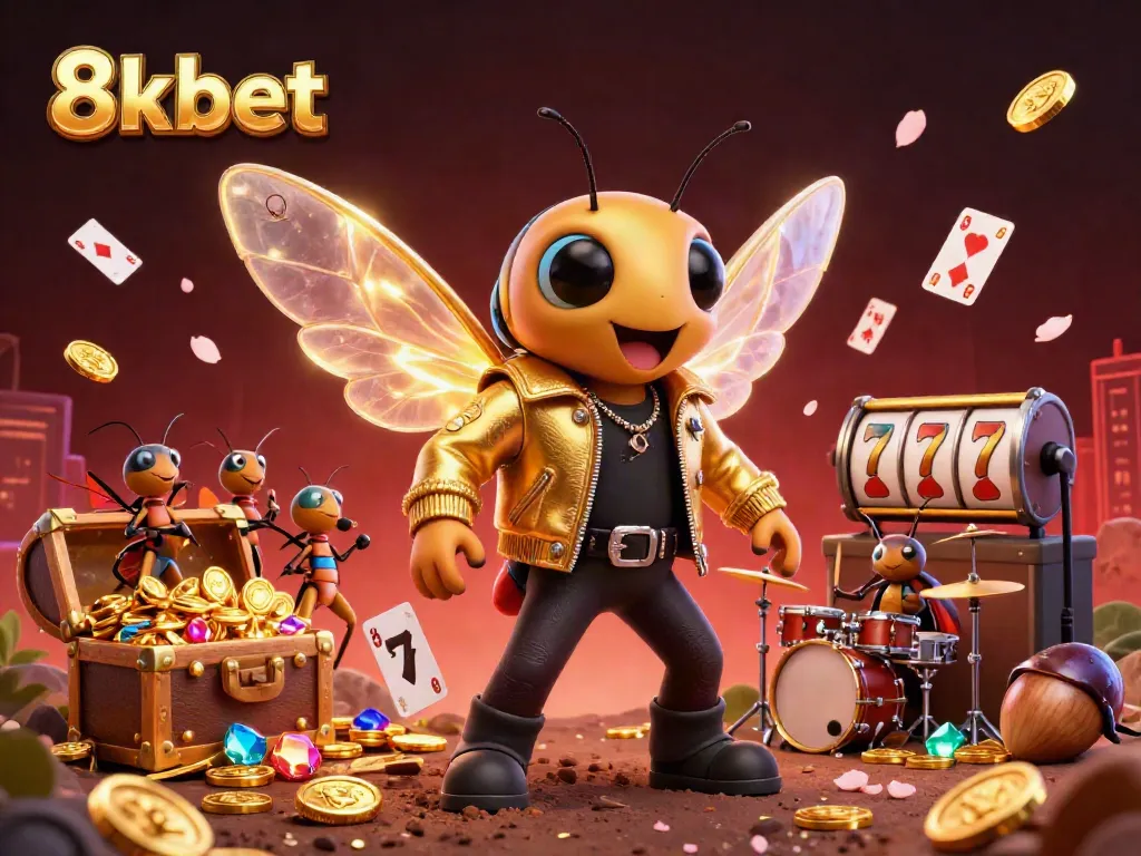 Experience the vibrant excitement of 8kbet with a rock star motif in a lively 3D casino scene.