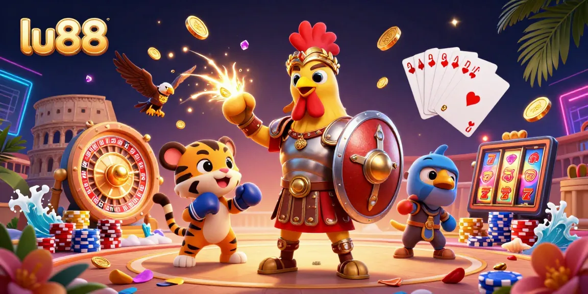 Experience thrilling wins at lu88 with a dynamic 3D illustration showcasing casino elements.
