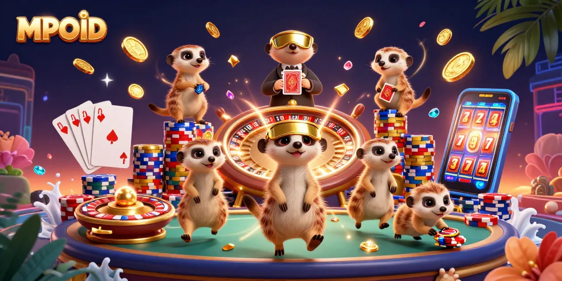 MPOID meerkats overseeing a bustling casino scene with golden coins, vibrant lights, and dynamic gaming action.