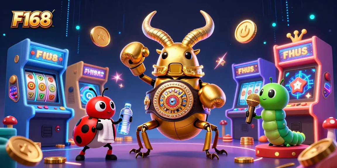 F168 challenges players in an exciting golden stag beetle boxing match surrounded by slot machines.