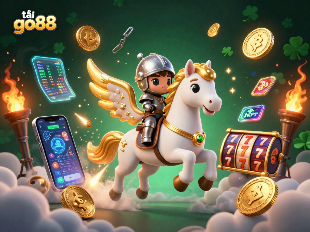 Experience thrill with tải go88 in a vibrant 3D casino adventure featuring a celestial horse and NFT game elements.