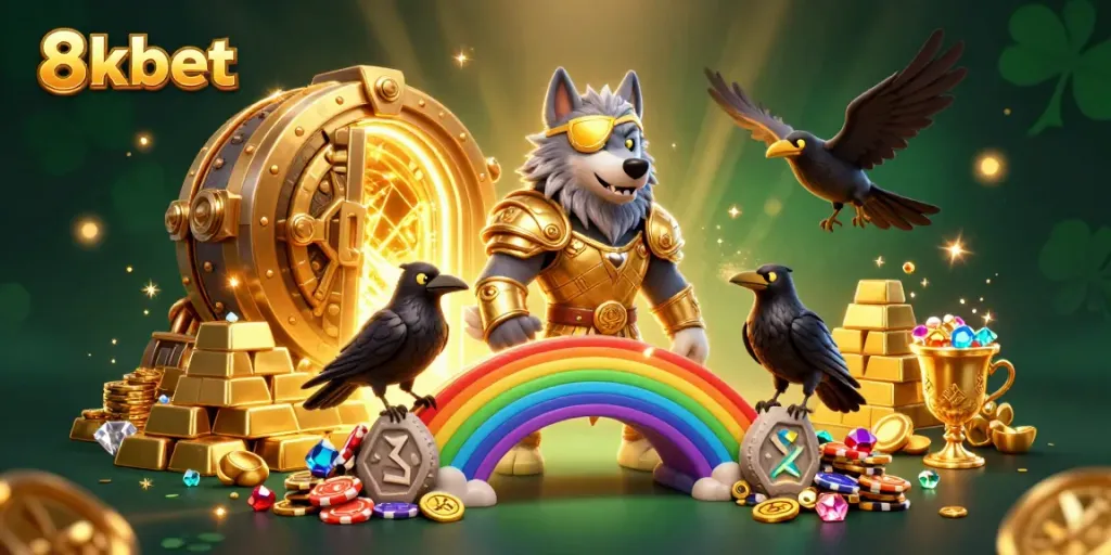 Experience 8xbet action with a stunning casino-themed 3D illustration featuring mythological characters and treasures.