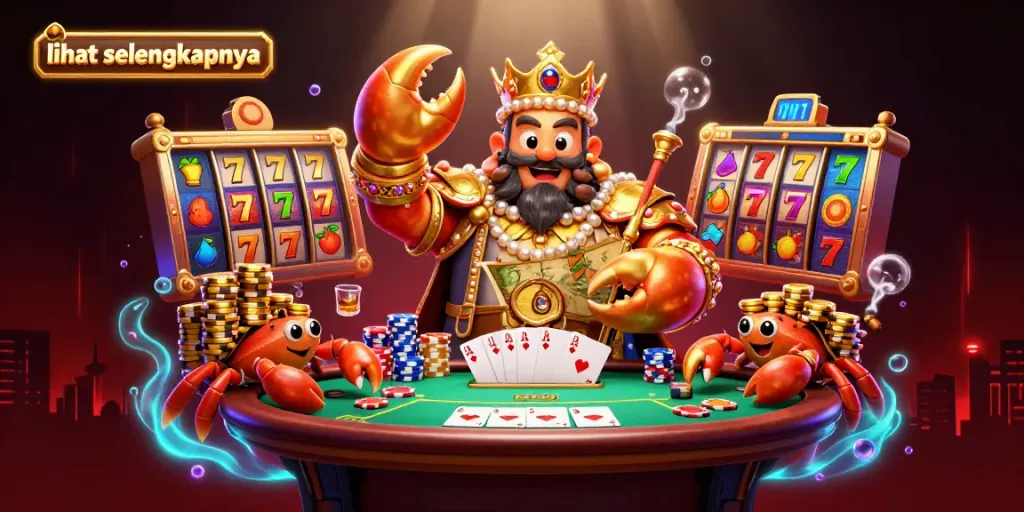 Suasana permainan slot online, lihat selengkapnya dari karakter kepiting emas yang memegang peta harta, dikelilingi elemen kasino.