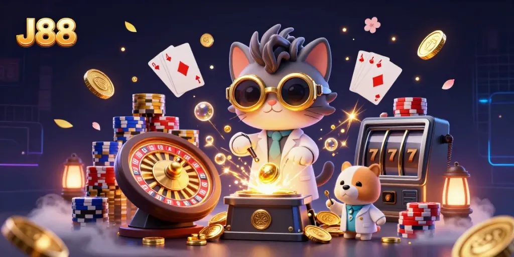 Spin the roulette at J88 with a dynamic illustration of a mad scientist cat creating gold coins.