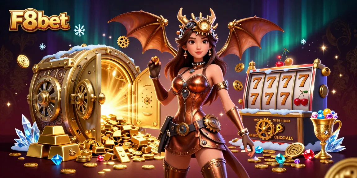 Win big at F8bet with exciting 3D casino illustration featuring a steampunk theme and dazzling gold elements