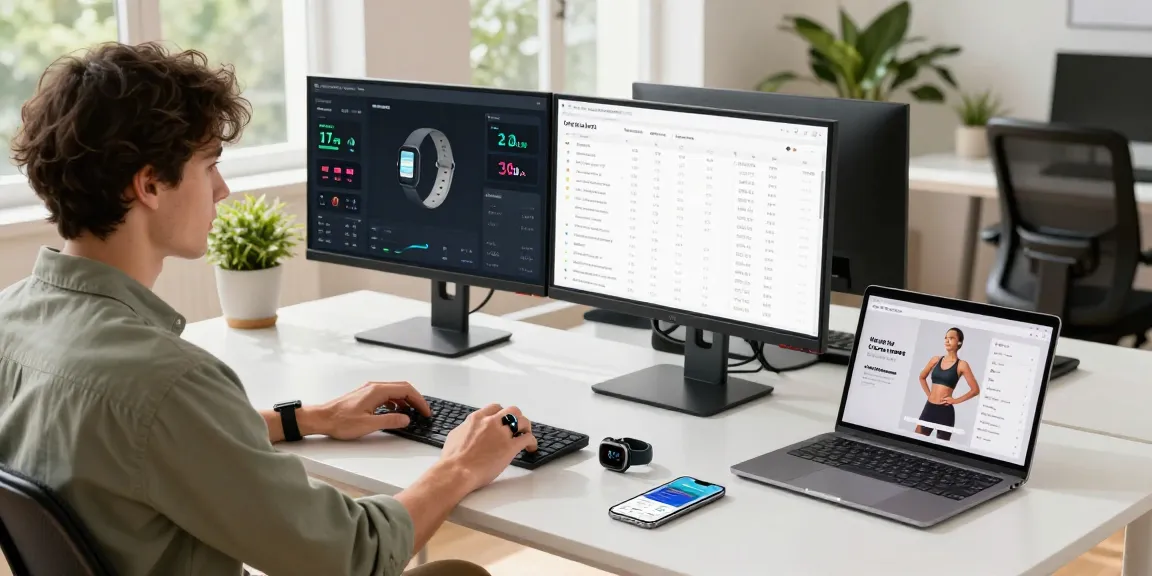 Young professional monitoring health metrics with a smart ring in a bright tech workspace.
