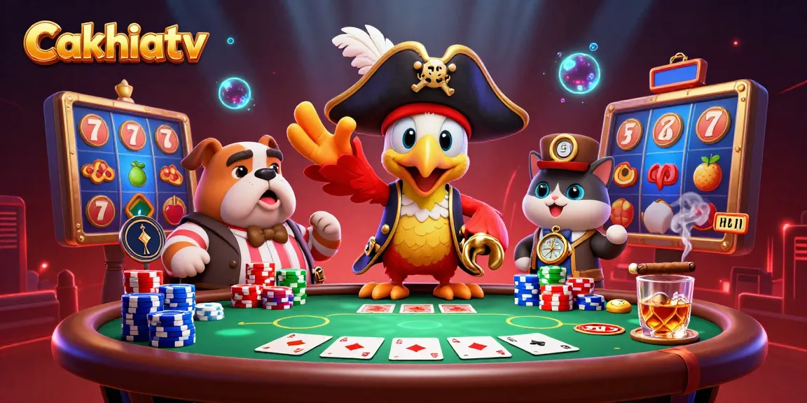 Cakhiatv showcases a vibrant 3D pirate-themed casino scene filled with poker elements and lively characters.