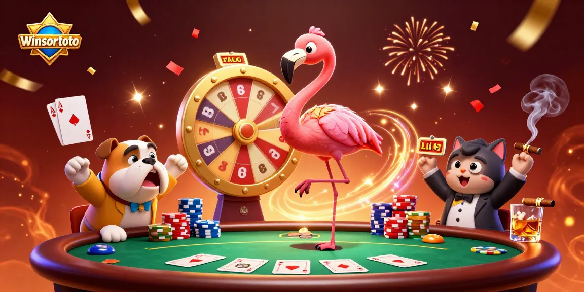 Spin to win with winsortoto at this vibrant casino game show scene featuring lively characters.