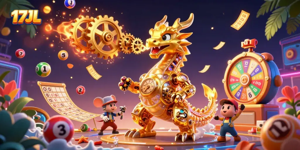 Engage in the excitement of 17JL with a dynamic scene of a golden dragon and lottery elements.