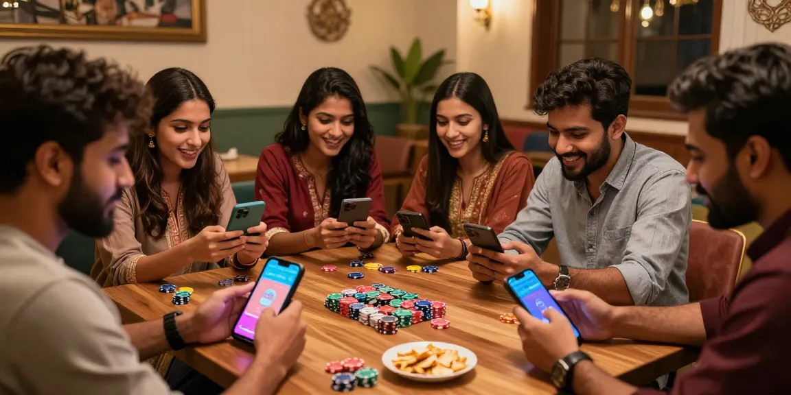 Play now in a vibrant gaming lounge with friends enjoying 3 Patti Vegas on smartphones.