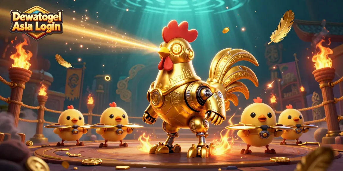Dewatogel Asia Login showcases a dynamic 3D scene with a golden rooster robot, energizing casino gameplay.