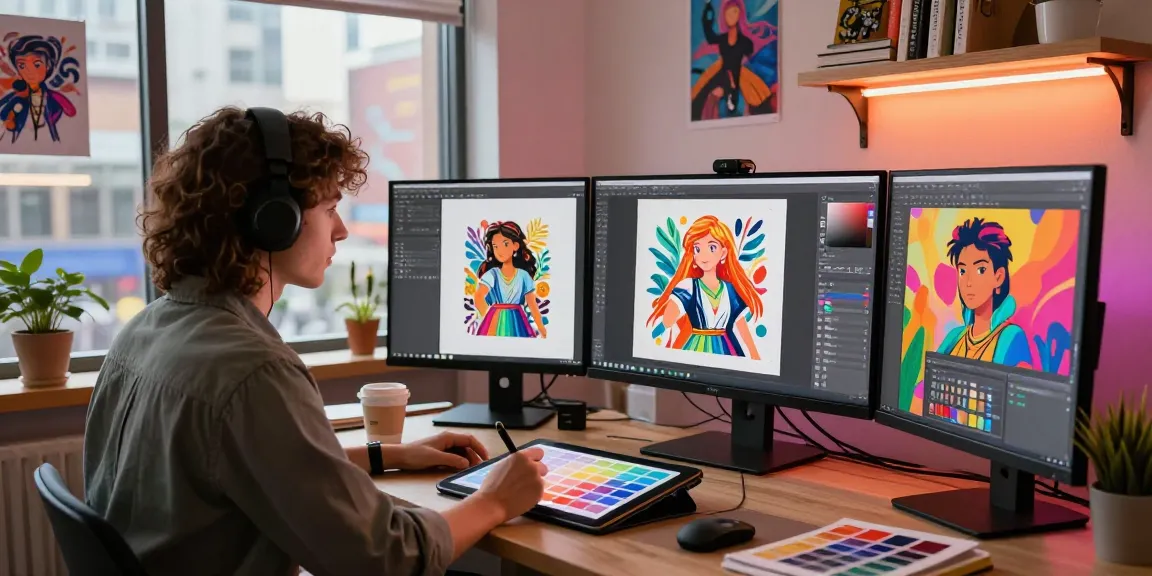 Artist using NSFW AI tools in a vibrant digital art studio, showcasing creativity and technology.