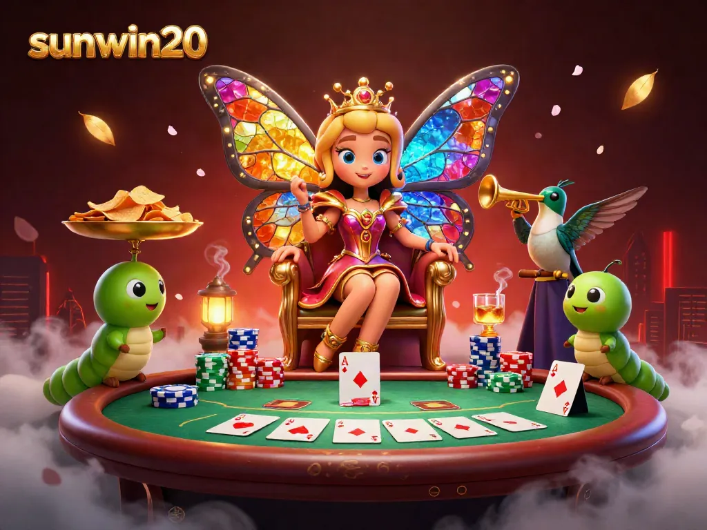 Engage with the vibrant sunwin20 casino scene featuring a butterfly queen amidst poker elements and rich illustrations.