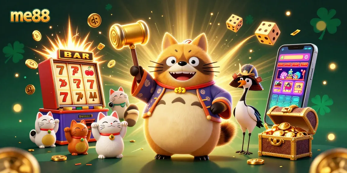 Experience the thrill of winning at me88, with 3D cartoon characters celebrating casino games and jackpots.