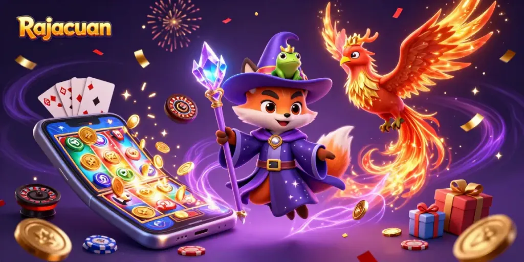 Engage with Rajacuan's exciting 3D casino world featuring a wizard fox, phoenix, and dynamic slot elements.