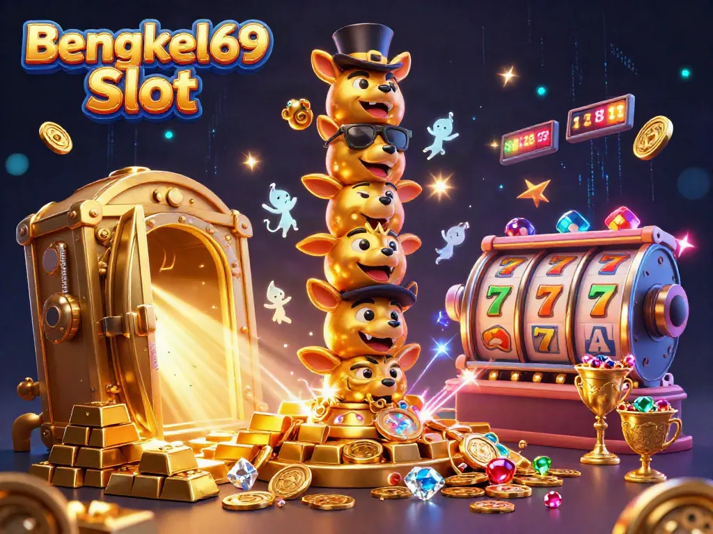Experience the thrill of Bengkel69 Slot with vibrant slot reels, dazzling gems, and a magical totem pole.