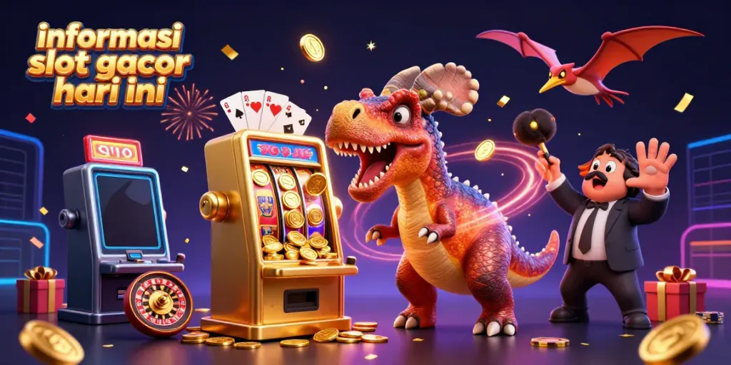 Gambaran informasi slot gacor hari ini dengan dinosaurus 3D dan mesin slot yang menghasilkan koin emas.