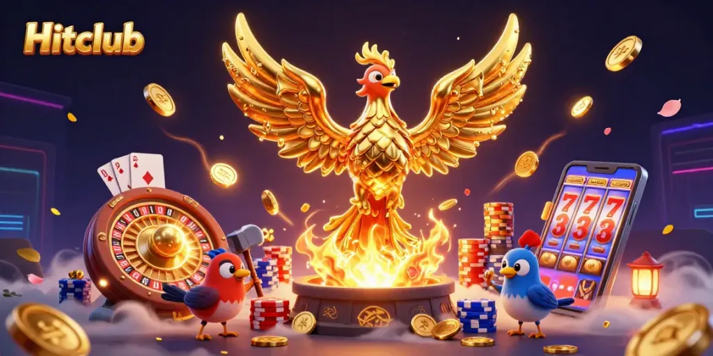 Hitclub features an ultra-detailed 3D illustration of a golden phoenix surrounded by casino elements.