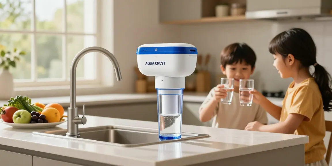 AQUA CREST Alkaline Faucet Water Filter highlighted in a modern kitchen, with a family enjoying pure, refreshing water.