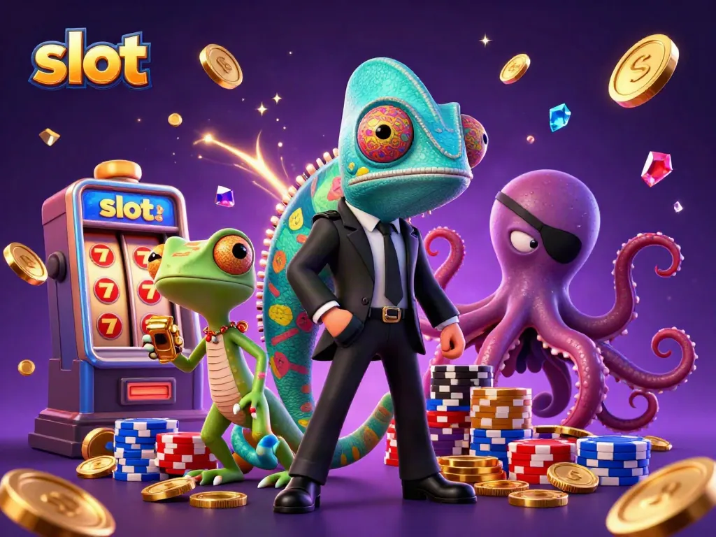 Permainan slot dengan karakter kartun agen rahasia yang dikelilingi oleh koin emas dan mesin slot yang bersinar.