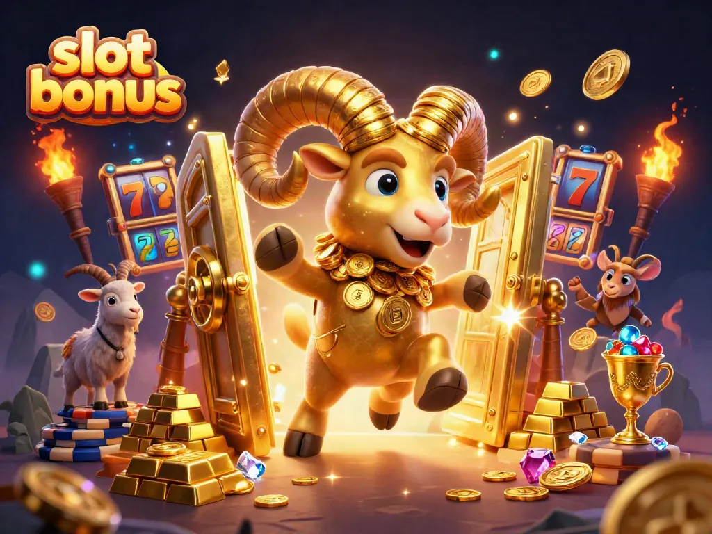 Experience the thrill of slot bonus with a golden ram charging through a treasure-filled scene.