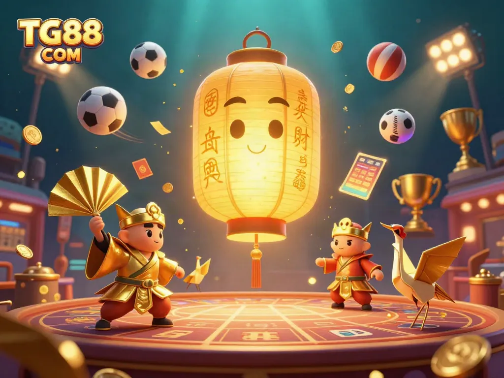 Dynamic scene showcasing TG88 COM with 3D characters at a vibrant casino atmosphere.