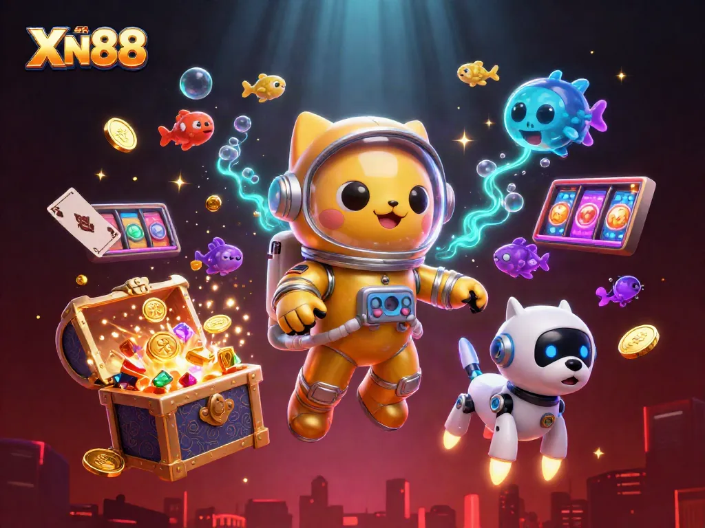 Engage in thrilling gaming with XN88, where a cartoon cat astronaut and robot dog explore an underwater casino world filled with jackpots.