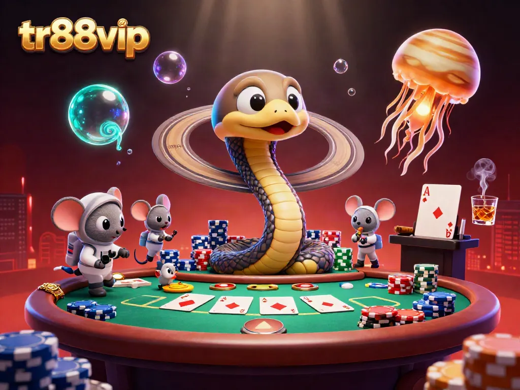 tr88vip cartoon snakes and astronaut mice engage in a thrilling roulette gaming scene.