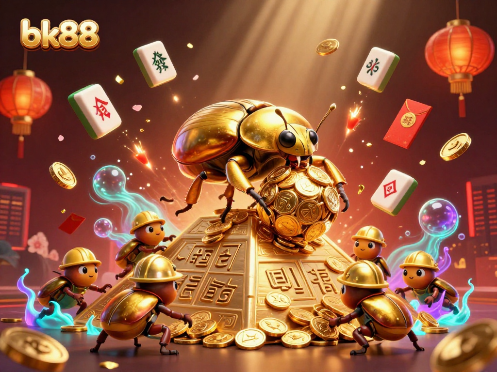 Bet on bk88 with a vibrant casino world illustrated by golden beetles working together.