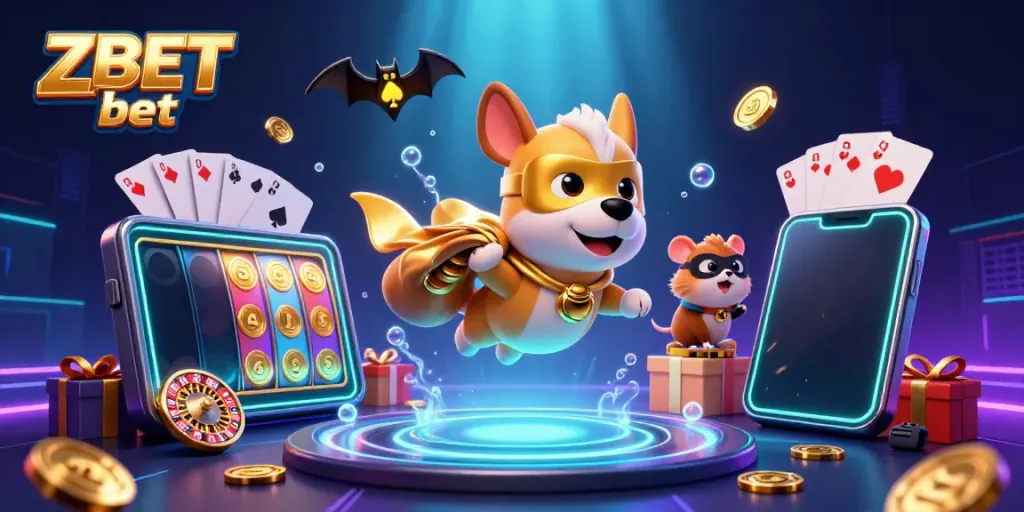 Engage in ZBET bet excitement with our superhero dog and hamster duo in this vibrant casino adventure scene.