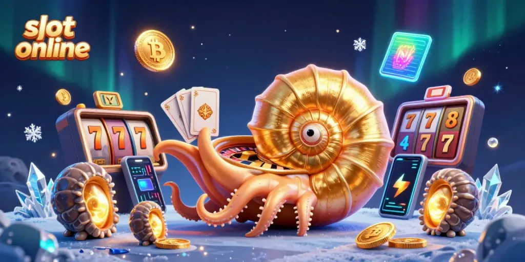 Win big playing slot online with our animated 3D casino scene featuring a vibrant nautilus and gold coins.