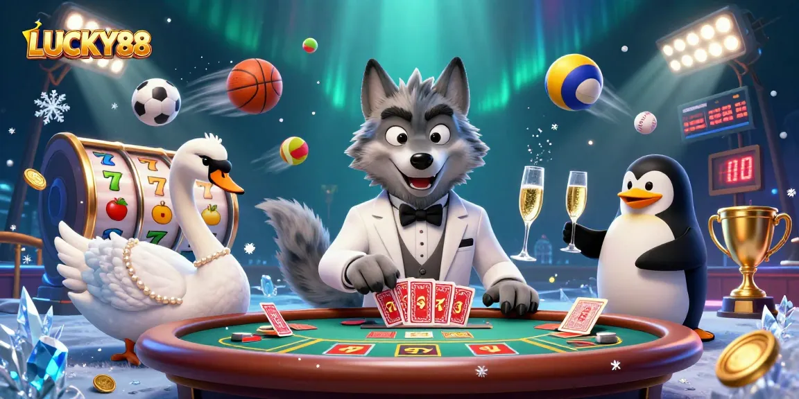 Engage with LUCKY88 as cartoon characters illustrate the thrill of baccarat and slot games.