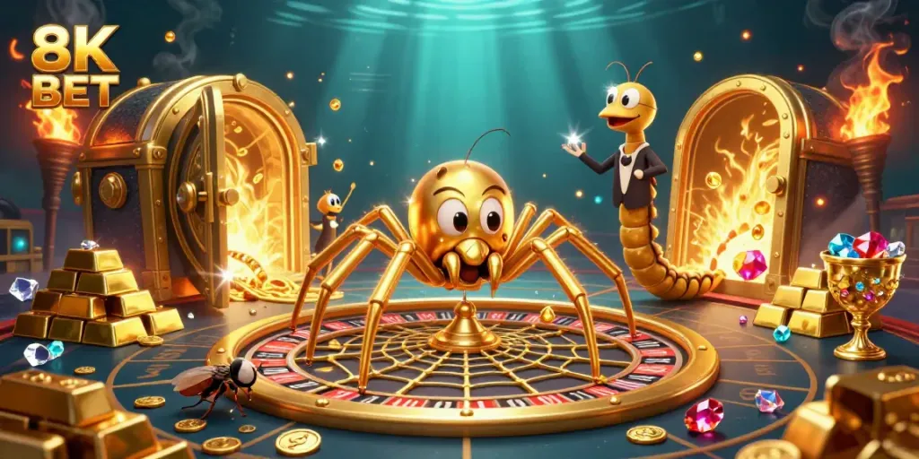 Experience the thrill of 8K BET with vibrant casino elements and animated characters.