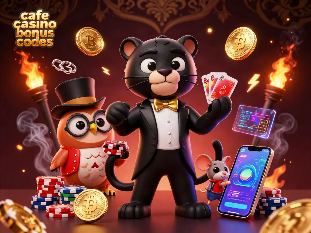 Win with cafe casino bonus codes while a stylish panther deals cards, surrounded by crypto coins.