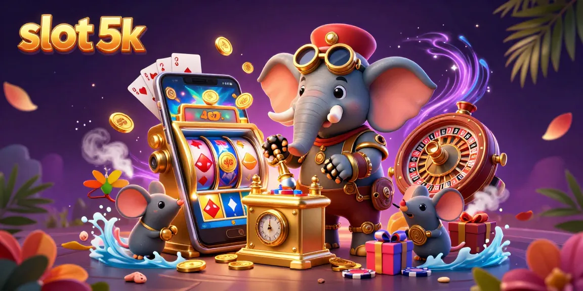 Experience engagement with slot 5k in a vibrant scene of a steampunk elephant operating a golden slot machine.