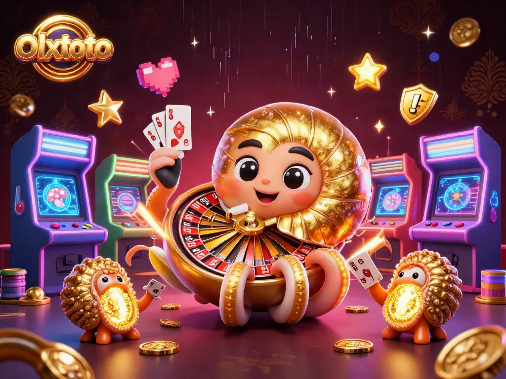 Menangkan permainan di olxtoto dengan mesin slot dan kartu yang bersinar, ditampilkan dalam ilustrasi 3D yang bercahaya.