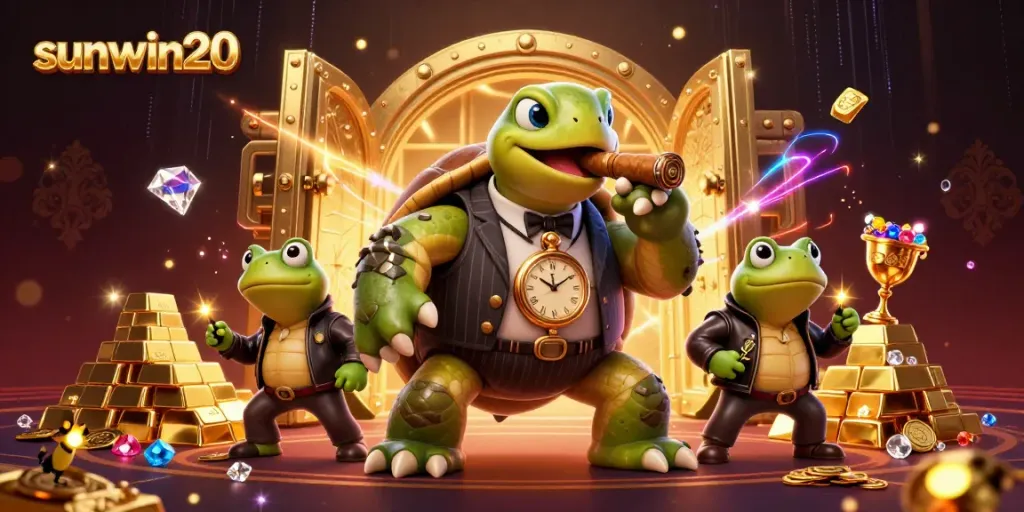 Experience thrills at sunwin20 with a vibrant casino illustration featuring dynamic characters and treasures.