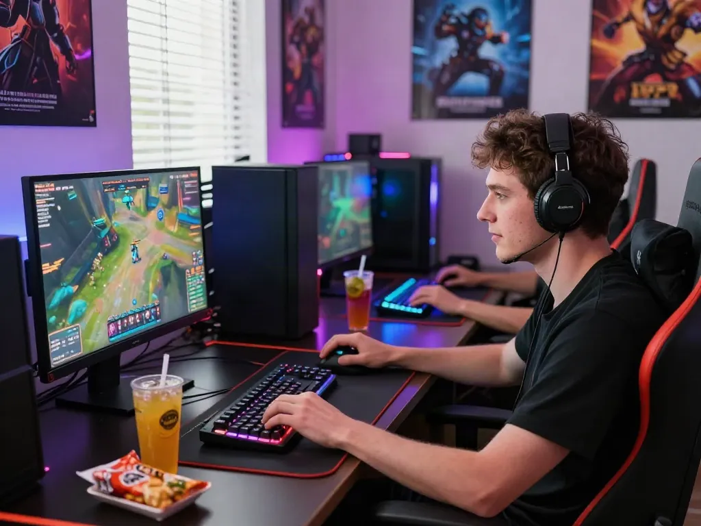 Engaged gamer plays akunjp on a high-spec gaming setup with vibrant lighting.