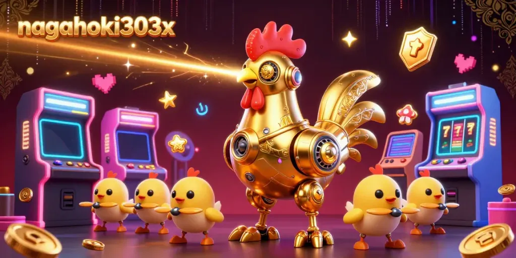 Gambarkan momen bermain di nagahoki303x dengan karakter robot ayam emas futuristik dalam permainan kasino.