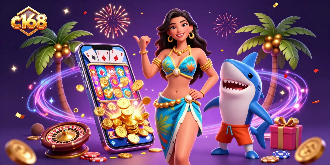 Experience the excitement at c168 with a beach goddess and a surfer shark amidst vibrant casino elements.