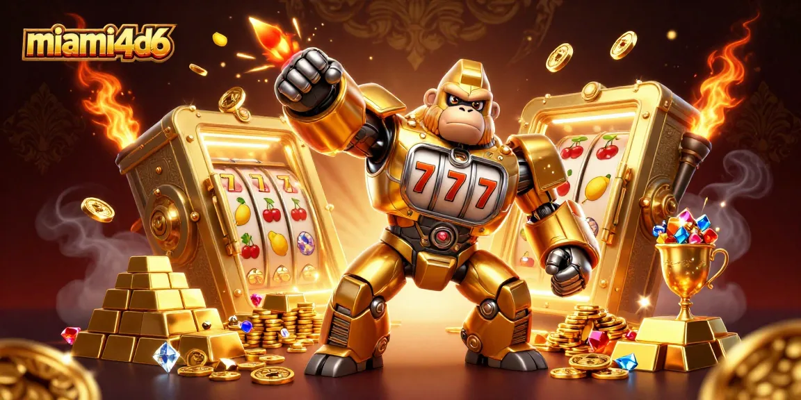 Spin and win with miami4d6 in this dynamic 3D illustration of a golden gorilla mech among treasures.