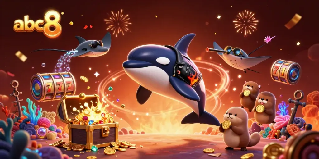 abc8-themed cartoon illustration featuring a lively casino scene with sea creatures and vibrant gambling elements.
