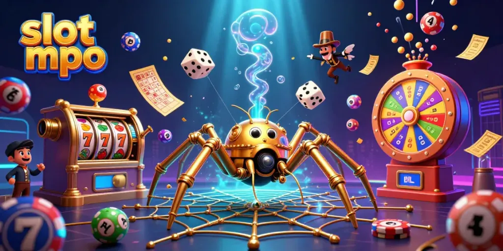 Engage with slot mpo as a steampunk spider catches dice amid colorful gambling elements.
