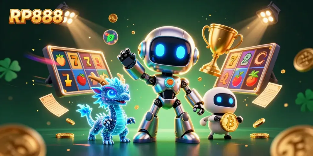 Win big with RP888 slot reels and cute robot mascot in this vibrant gambling illustration.