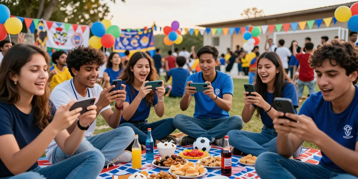 Excited fans enjoying live sports on mobile devices at a gathering with موقع IHD Sports content.